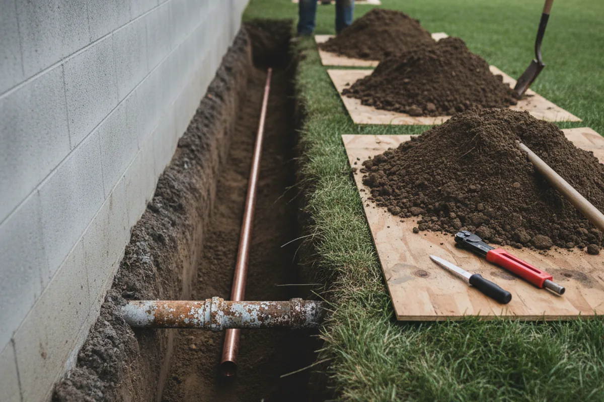Excavated water line trench during Sewer Line Repair in Collegeville